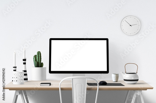 Moderne Arbeitsplatz - Schreibtisch mit Dekoration - Textfreiraum photo