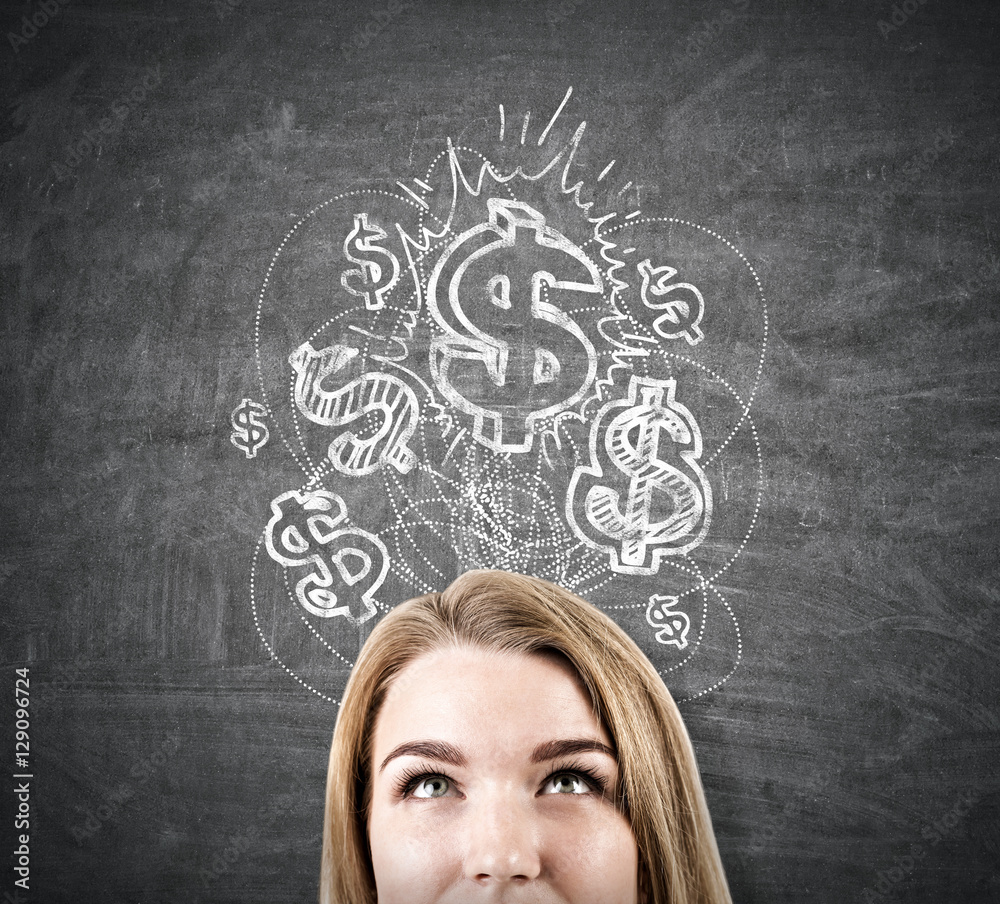 Blond head near chalkboard, shining dollar sketch Blond head near chalkboard, shining dollar sketch