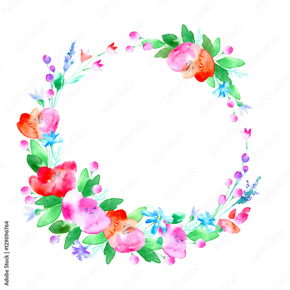 Floral wreath.Garland with poppy flower,berry and herb .Watercolor hand drawn illustration.White background.It can be used for greeting cards, posters, wedding cards. Floral wreath.Garland with poppy flower,berry and herb .Watercolor hand drawn illustration.White background.It can be used for greeting cards, posters, wedding cards.