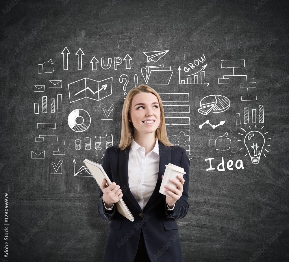 Woman with a notebook and a coffee cup near a startup idea sketc Woman with a notebook and a coffee cup near a startup idea sketc