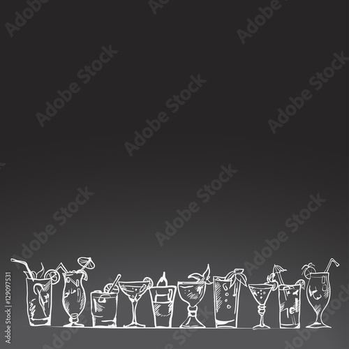 Vector set of cocktail glasses in the style of chalk on a blackboard