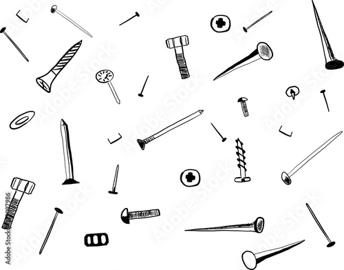 Hand drawn sketch of hardware screws and nails.