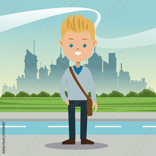 boy blond blue eyes student urban background vector illustration eps 10