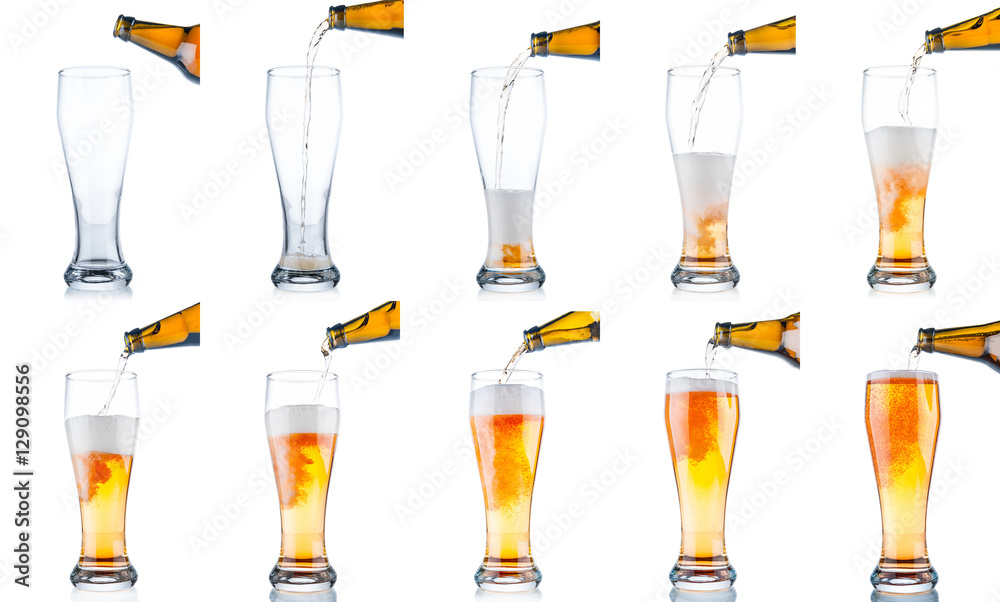 Set of beer pouring from bottle into glass isolated on white bac Stock