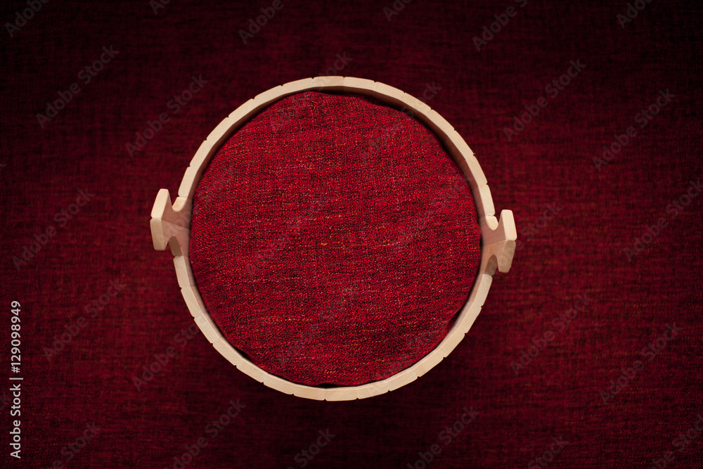 round basket on red background, copy Space, round basket on red background, copy Space,