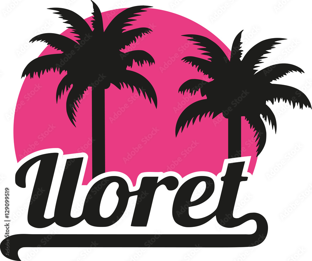 Lloret de Mar with pink sun and palms