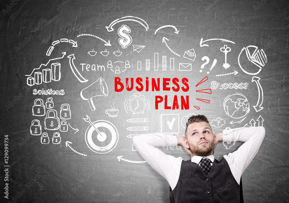 Bearded man, vest, business plan sketch blackboard Bearded man, vest, business plan sketch blackboard