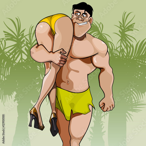 cartoon big man carrying woman on shoulder