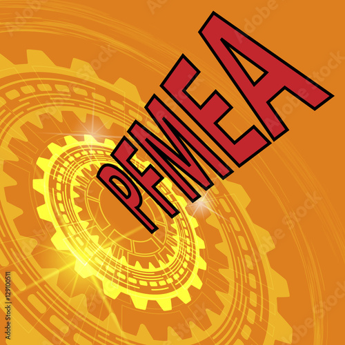 Orange industrial background with gear and red title PFMEA
