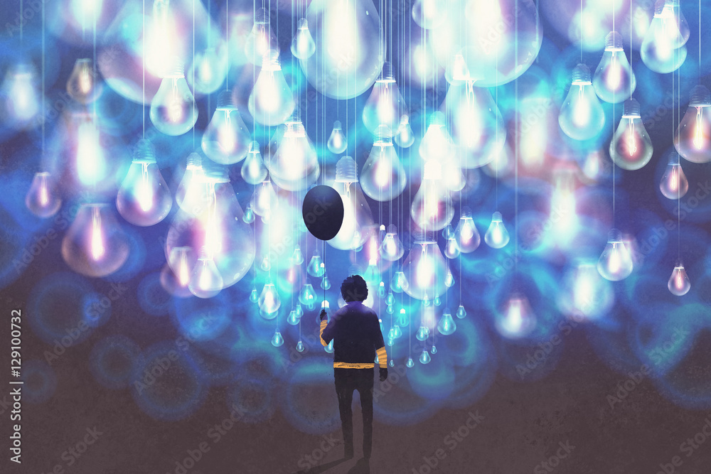 Fototapeta premium man with black balloon among a lot of glowing blue light bulbs,illustration painting