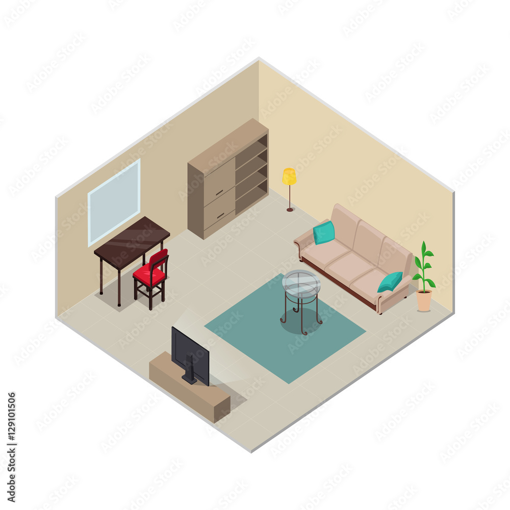 Fototapeta premium Isometric Interior Design. Living Room Furniture.