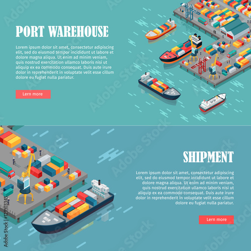 Port Warehouse and Shipment Banner. Vector