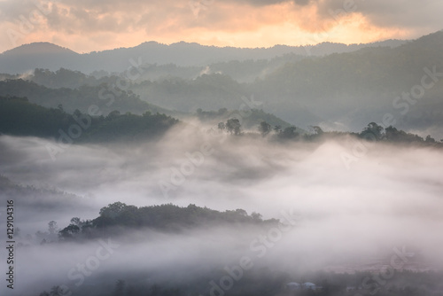 Morning fog and the beautiful sun light in a landscape © Theerawat