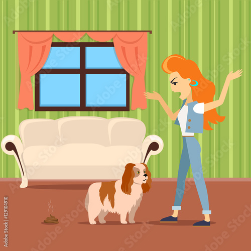 Dog training vector concept. Flat design. Woman scolding dog bec