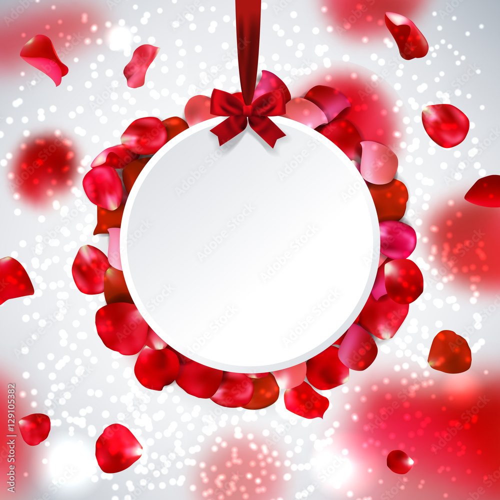 Wedding background with a bow, petals of red roses, place for text, vector illustration. Love backdrop Wedding background with a bow, petals of red roses, place for text, vector illustration. Love backdrop
