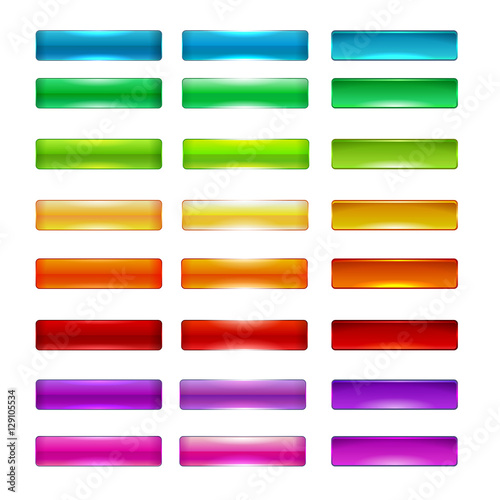 Colorful set of web buttons, vector illustration. Green, blue, yellow, orange, red, pink, purple, gray, white colors.