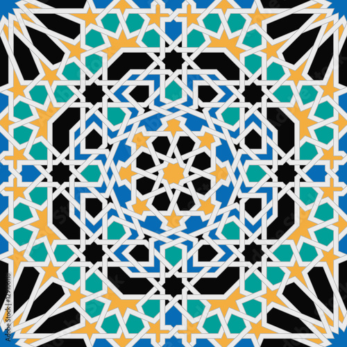 Islamic geometric ornaments based on traditional arabic art. Oriental seamless pattern. Muslim mosaic. Colorful vector illustration. Blue, green and yellow arabian tile. Mosque decoration element.