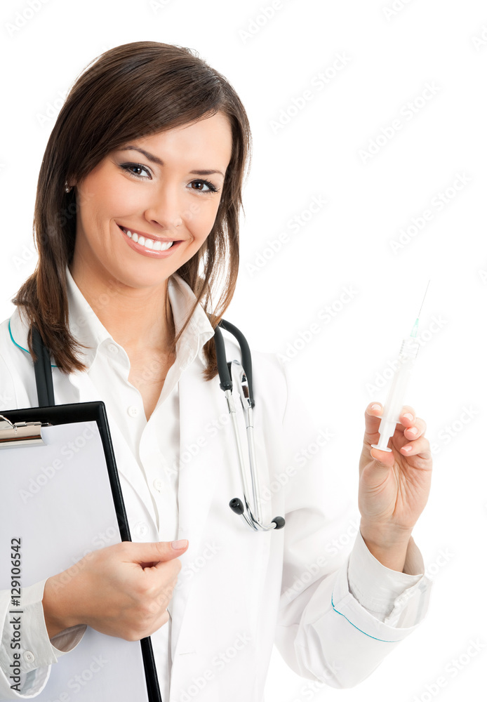 doctor or nurse with syringe and clipboard, isolated doctor or nurse with syringe and clipboard, isolated