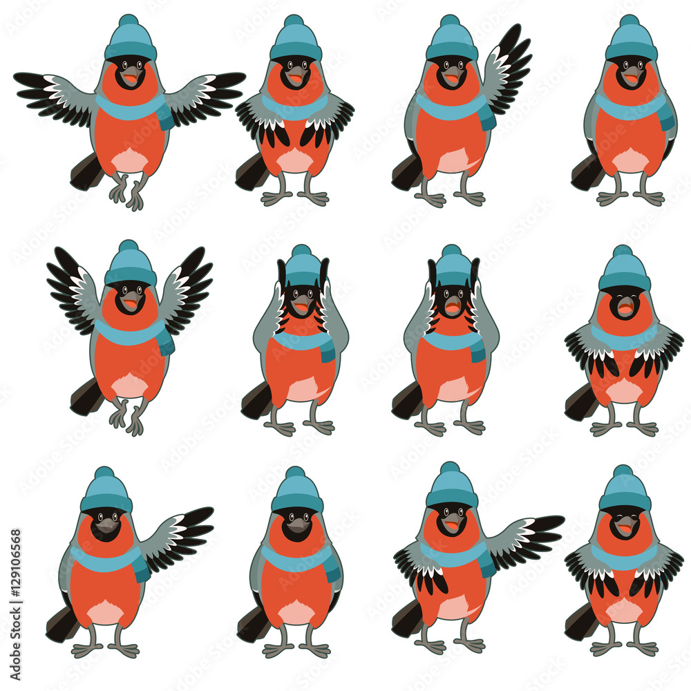 Set of Bullfinches with hats flat icons Set of Bullfinches with hats flat icons