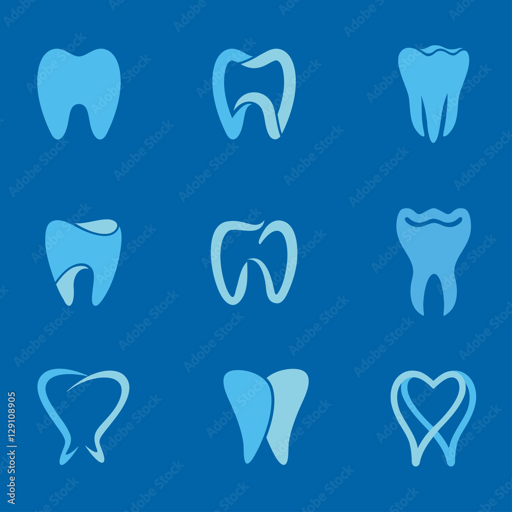 teeth blue. Set of teeth, tooth icons on blue background. Can be used as logo for dental, dentist or stomatology clinic, teeth care and health concept teeth blue. Set of teeth, tooth icons on blue background. Can be used as logo for dental, dentist or stomatology clinic, teeth care and health concept