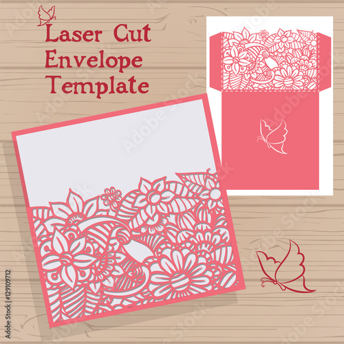 Lasercut vector wedding invitation template. Wedding invitation envelope with flowers for laser cutting. Lace gate folds.Laser cut vector.
