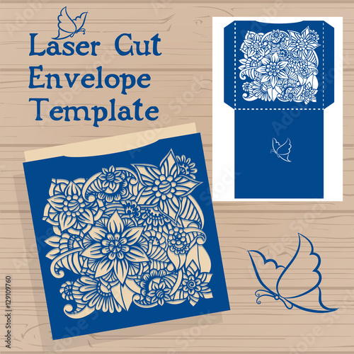Lasercut vector wedding invitation template. Wedding invitation envelope with flowers for laser cutting. Lace gate folds.Laser cut vector.