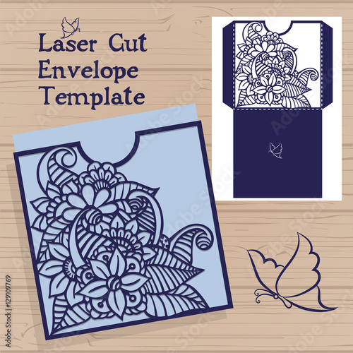Lasercut vector wedding invitation template. Wedding invitation envelope with flowers for laser cutting. Lace gate folds.Laser cut vector.