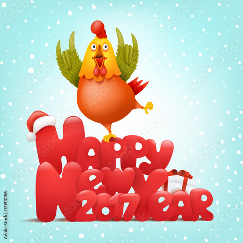 Funny rooster character. New year concept invitation card