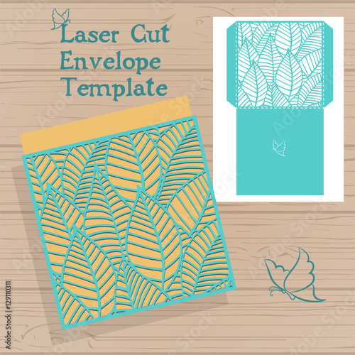 Lasercut vector wedding invitation template. Wedding invitation envelope with flowers for laser cutting. Lace gate folds.Laser cut vector.