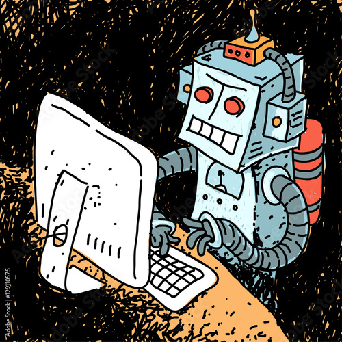 Robot and Computer Vector Illustration