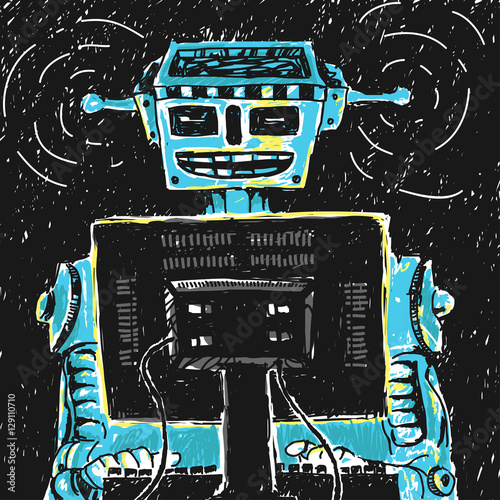 Robot and Computer Vector Illustration