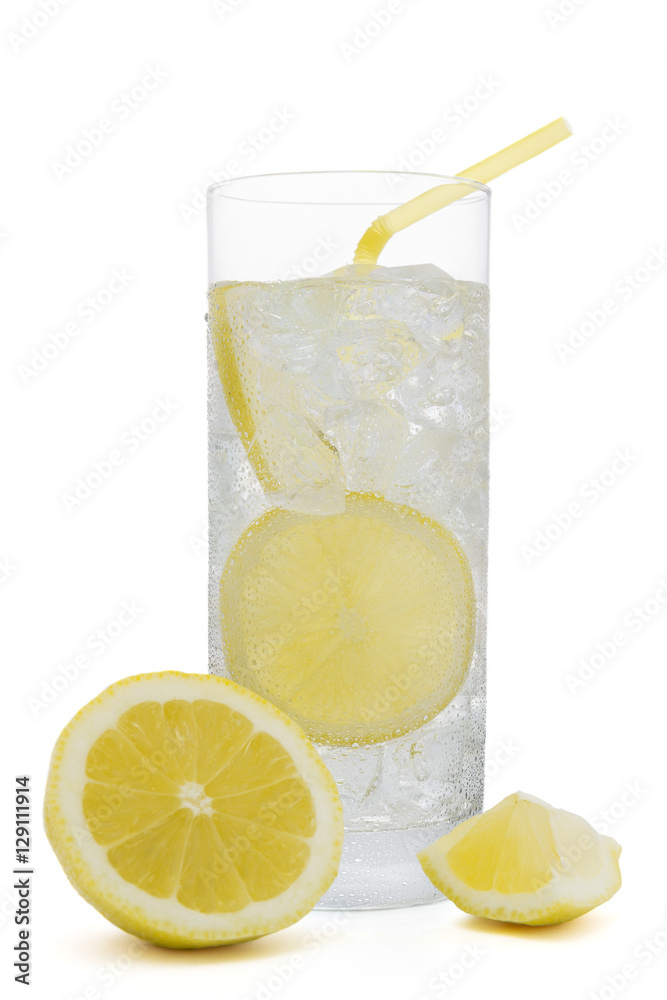 Fresh cold water drink with Lemon on white background