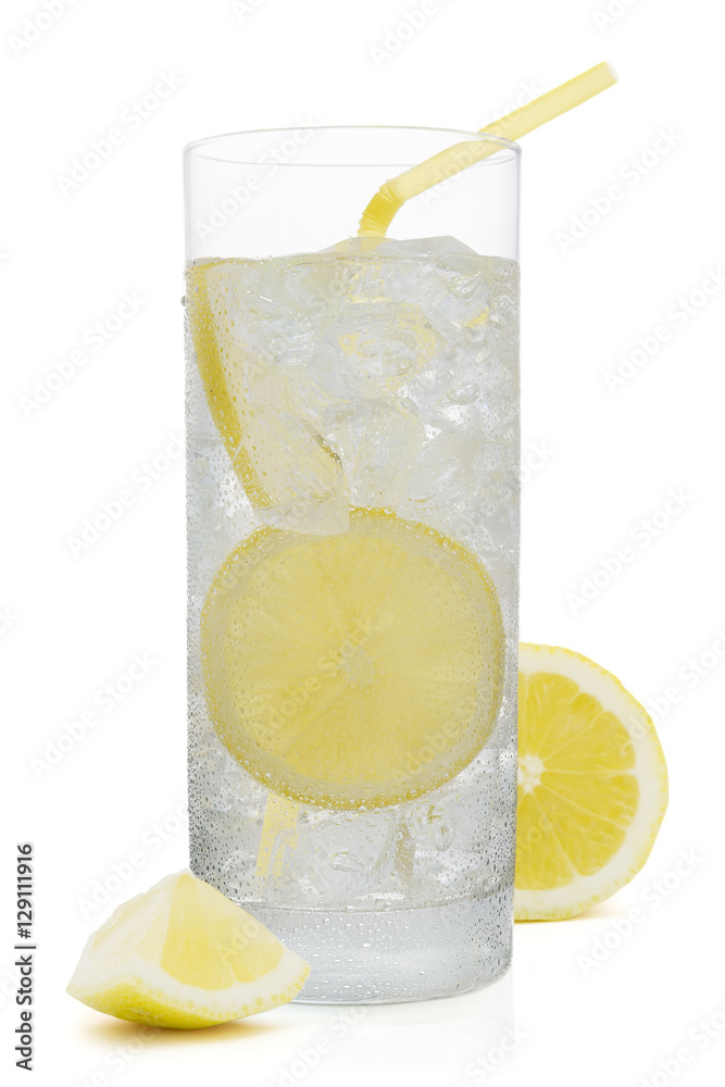 Fresh cold water drink with Lemon on white background