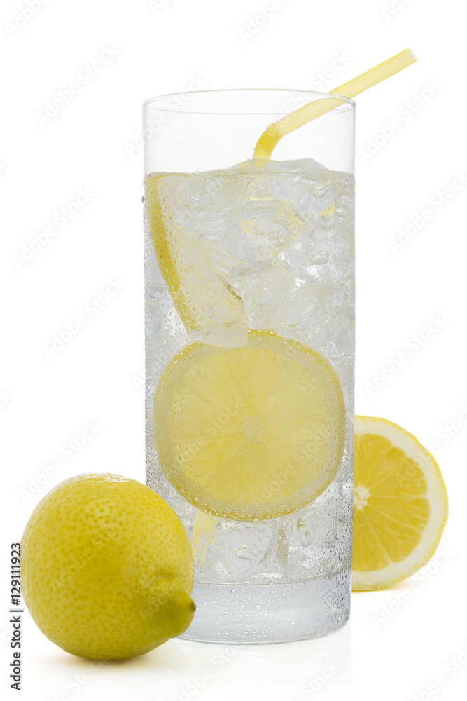 Fresh cold water drink with Lemon on white background