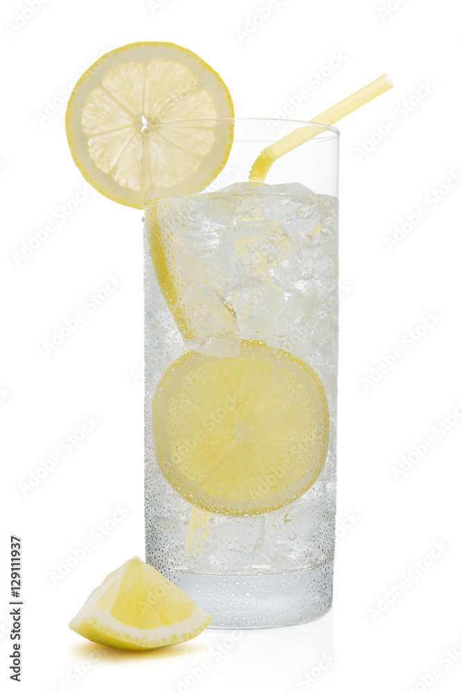 Fresh cold water drink with Lemon on white background
