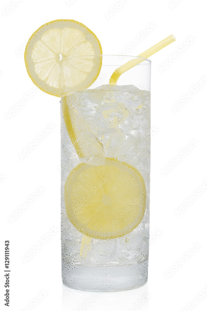 Fresh cold water drink with Lemon on white background
