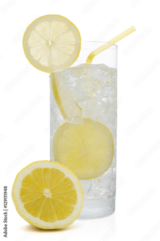 Fresh cold water drink with Lemon on white background
