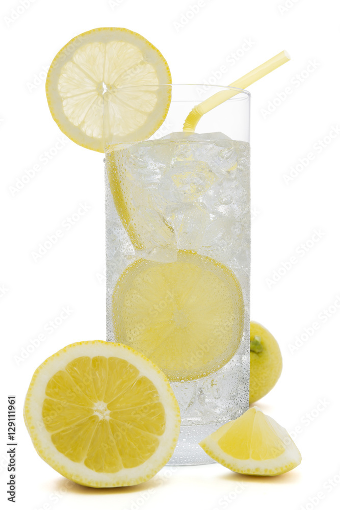 Fresh cold water drink with Lemon on white background
