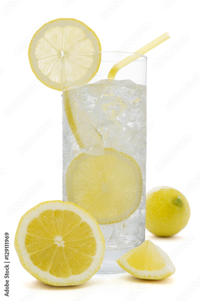Fresh cold water drink with Lemon on white background