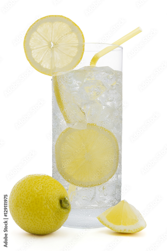 Fresh cold water drink with Lemon on white background