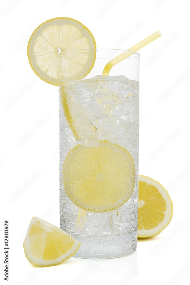 Fresh cold water drink with Lemon on white background