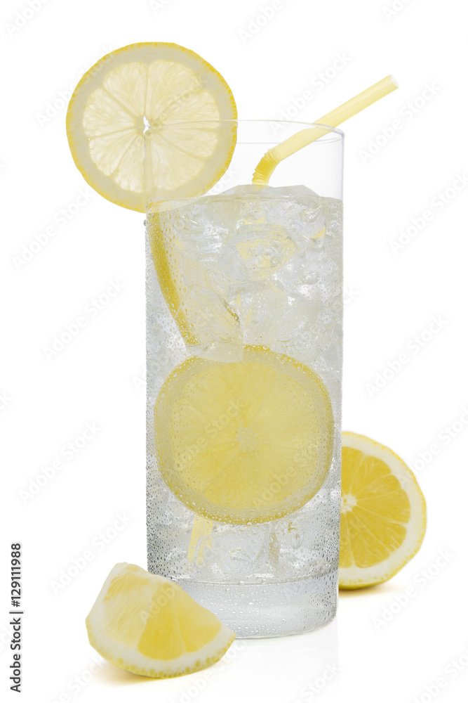 Fresh cold water drink with Lemon on white background
