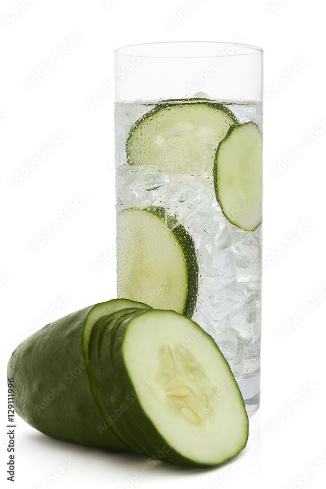 Fresh cold water drink with Cucumber on white background