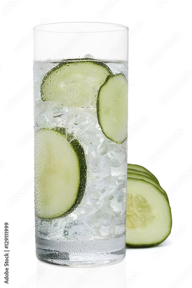 Fresh cold water drink with Cucumber on white background