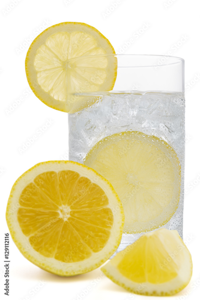 Fresh cold water drink with Lemon on white background