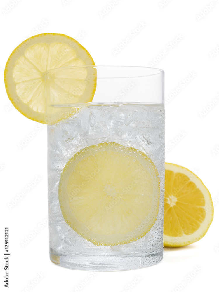 Fresh cold water drink with Lemon on white background