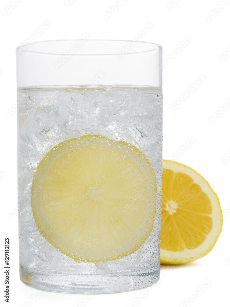 Fresh cold water drink with Lemon on white background
