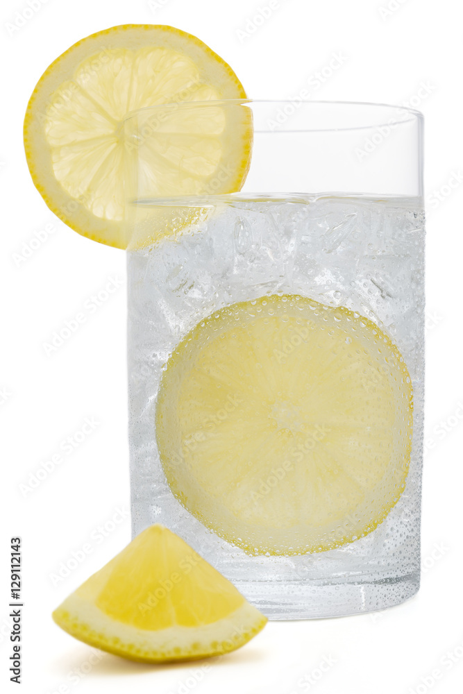 Fresh cold water drink with Lemon on white background