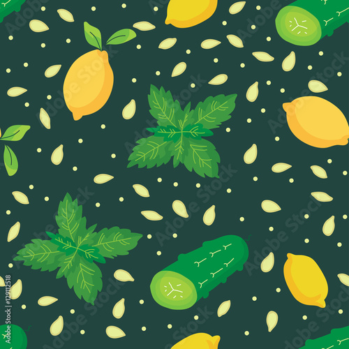 Cocktail with mint, lemon and cucumber. Seamless pattern