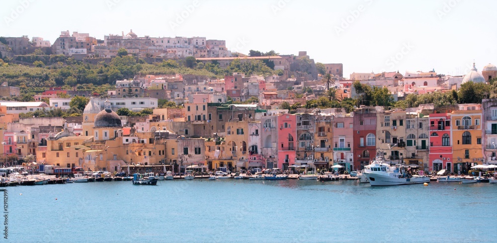  colorful houses in the port of Procida,  island in the Naples gulf, Naples, Italy 